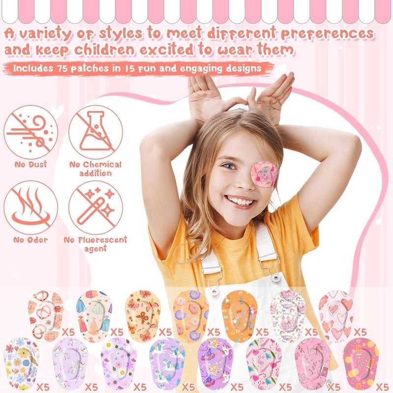 Jollidecor 75 Pcs Kids Eye Patches 15 Cute Styles Soft Breathable Cotton Adhesive Patches for Amblyopia and Lazy Eye, 2.95"x1.96" Disposable Bandages for Toddlers, Girls & Adults, Bulk Pack - Image 5